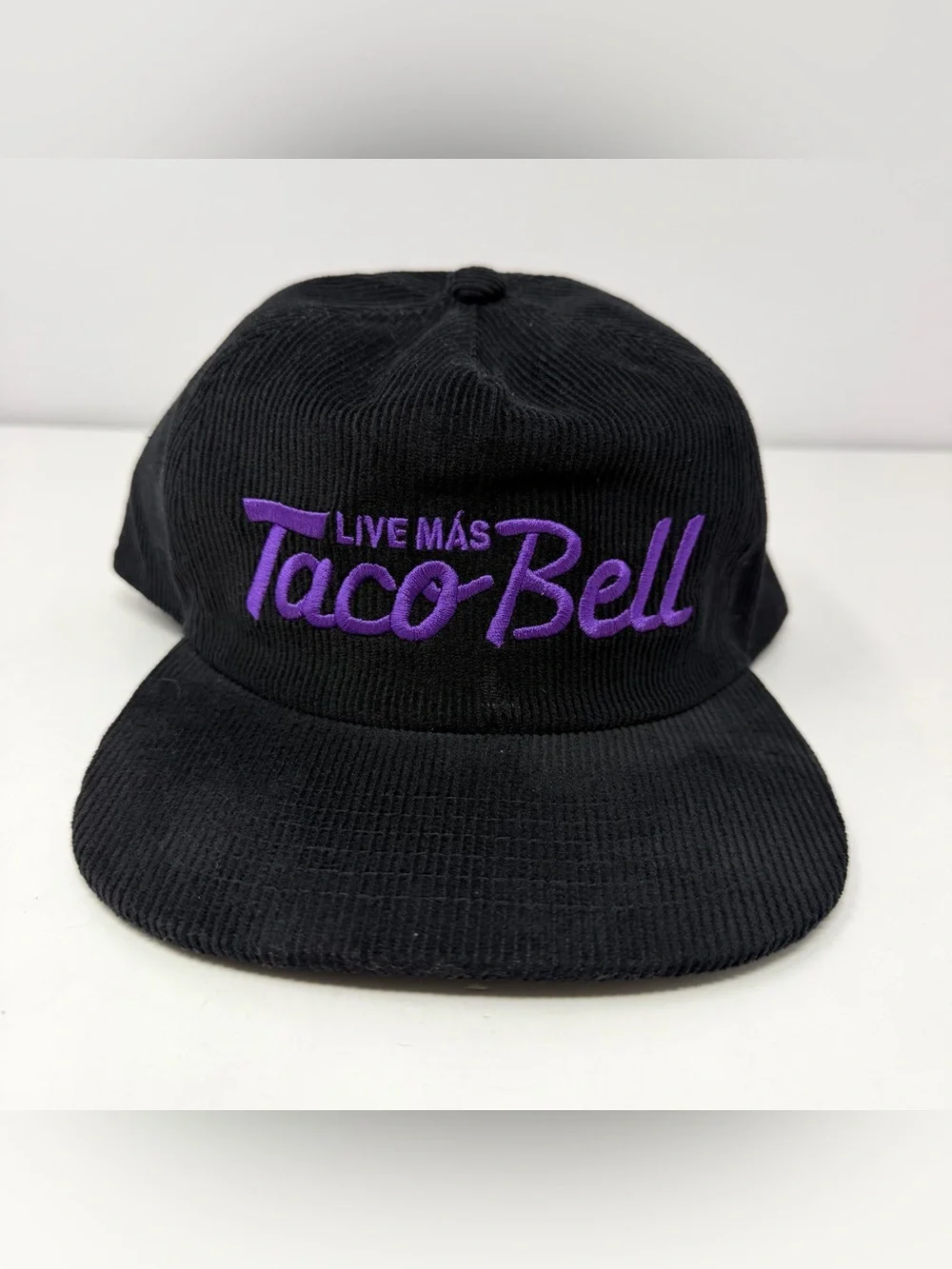 Taco Bell Liv Mas Corduroy Script Logo Retro Baseball Cap Snapback Hat Black NEW